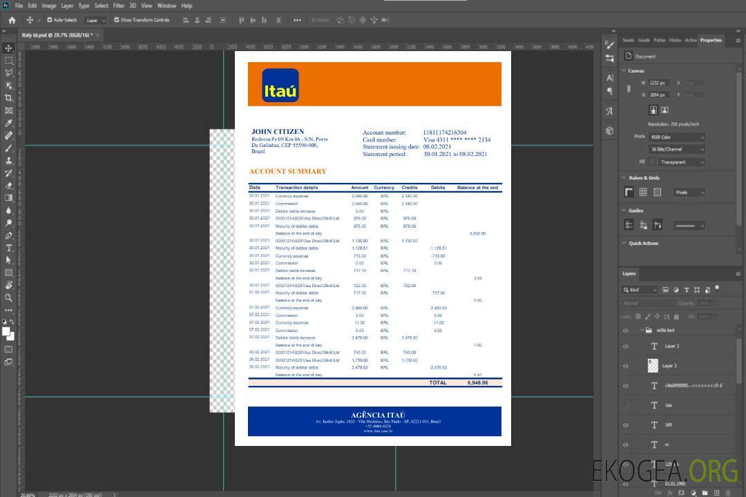 Modèle de relevé bancaire Brésil Itau au format Excel et PDF template